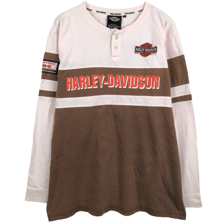 Harley-Davidson Henley neck long T-shirt, men's XL size cotton brown type Vintage Second Hand