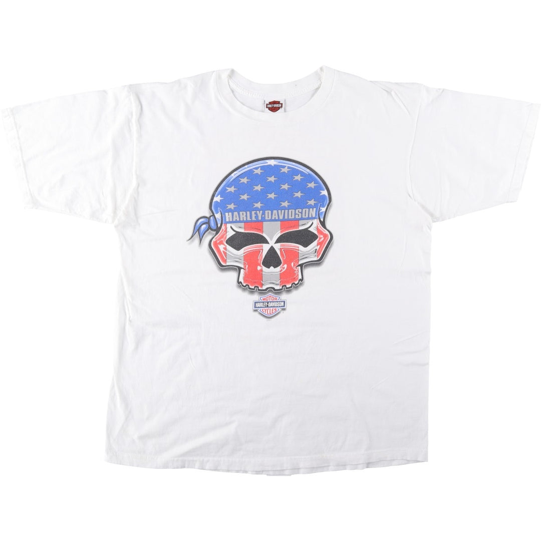 2000'S Harley-Davidson Skull Pattern American Flag Motorcycle T-Shirt, Made in USA, Men's XXL equivalent. cotton white type Vintage Second Hand