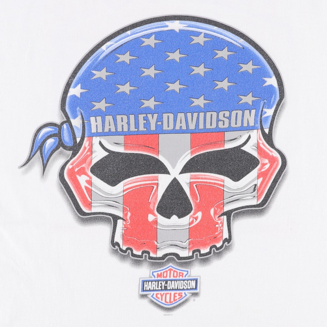 2000'S Harley-Davidson Skull Pattern American Flag Motorcycle T-Shirt, Made in USA, Men's XXL equivalent. cotton white type Vintage Second Hand