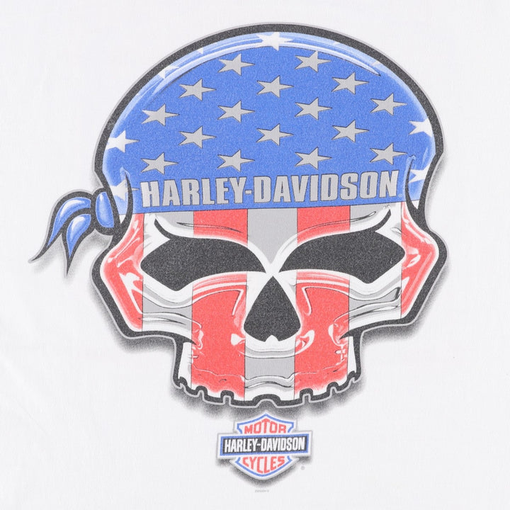 2000'S Harley-Davidson Skull Pattern American Flag Motorcycle T-Shirt, Made in USA, Men's XXL equivalent. cotton white type Vintage Second Hand