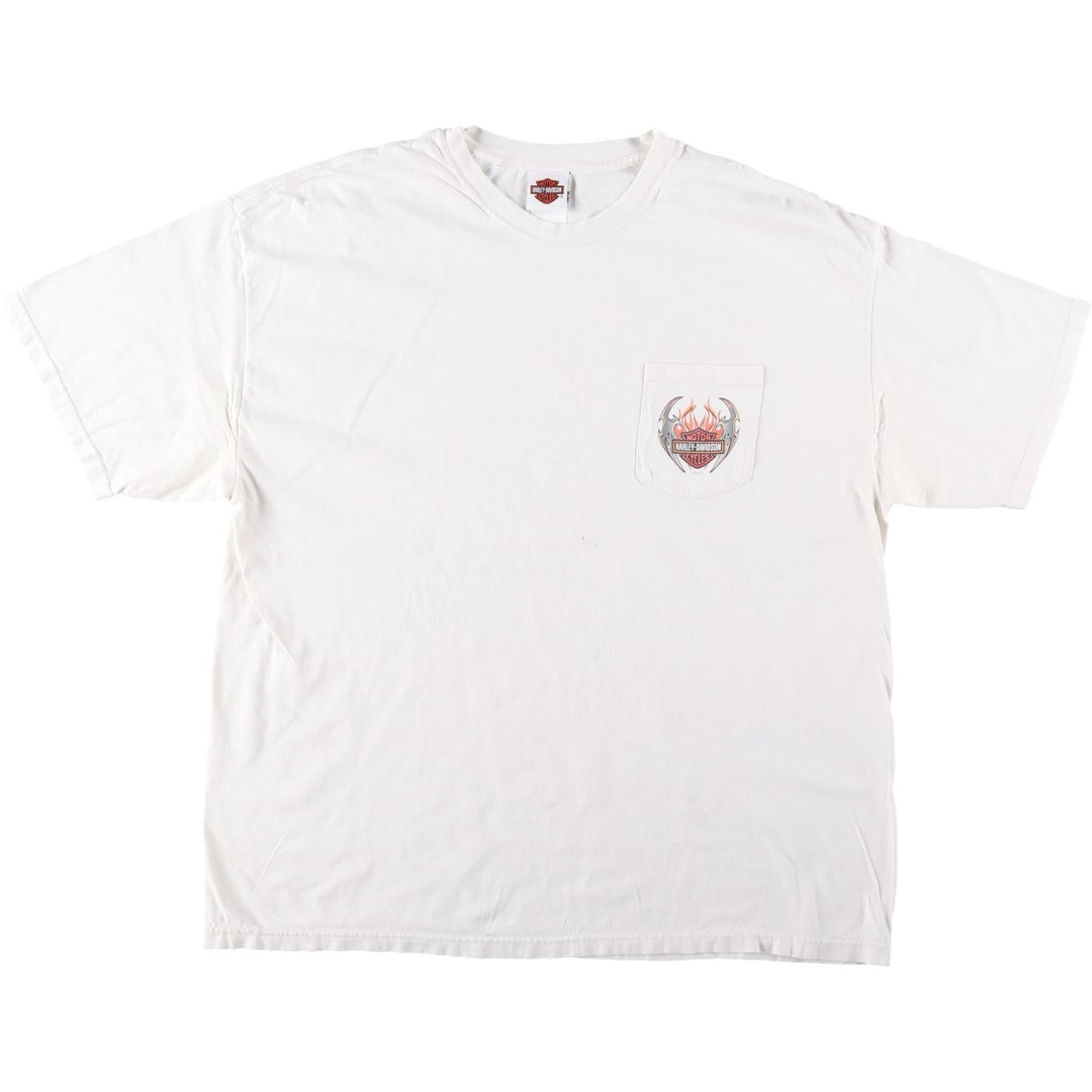 00'S Harley-Davidson Fire Pattern Motorcycle Bike T-Shirt Made in USA Men's XXL cotton white type Vintage Second Hand