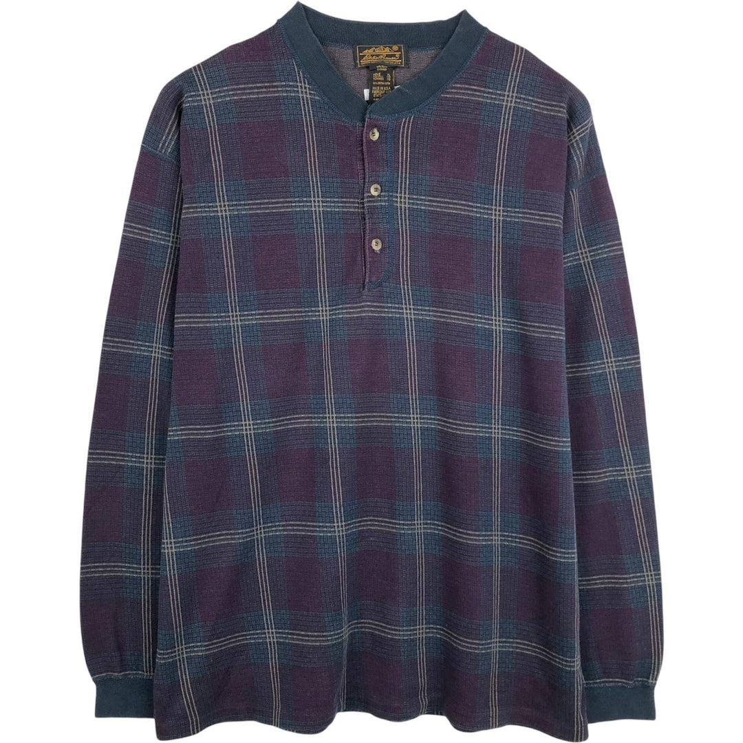 90'S Eddie Bauer Black Tag Check Pattern Henley Neck Long-Sleeve T-Shirt, Made in USA, Men's XL Equivalent, Vintage cotton Purple type red-purple Vintage Second Hand