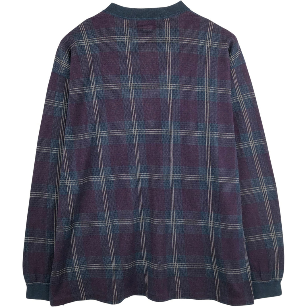 90'S Eddie Bauer Black Tag Check Pattern Henley Neck Long-Sleeve T-Shirt, Made in USA, Men's XL Equivalent, Vintage cotton Purple type red-purple Vintage Second Hand