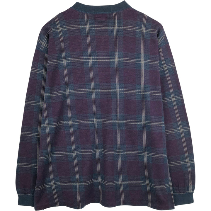 90'S Eddie Bauer Black Tag Check Pattern Henley Neck Long-Sleeve T-Shirt, Made in USA, Men's XL Equivalent, Vintage cotton Purple type red-purple Vintage Second Hand