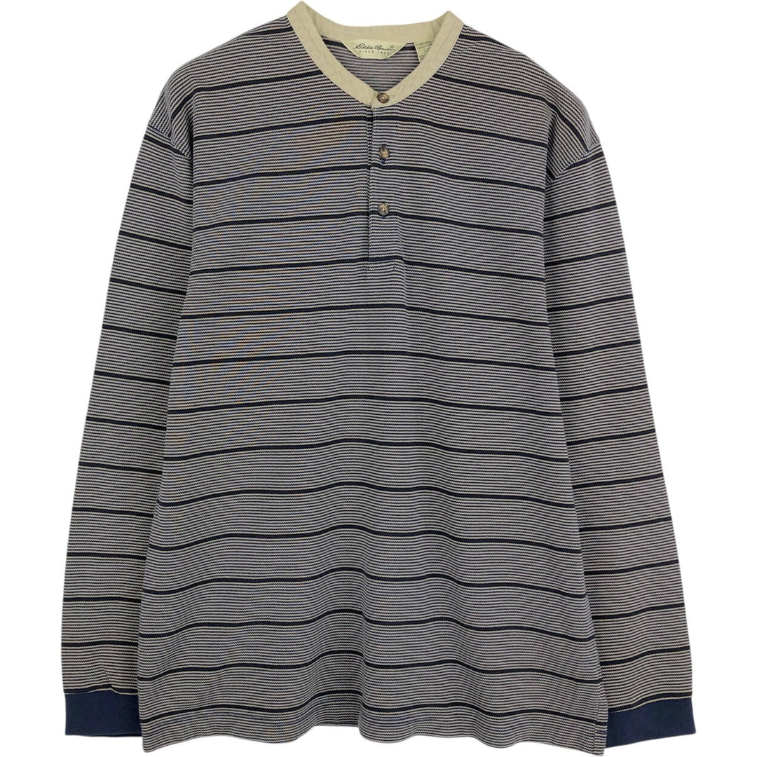 1990'S Eddie Bauer striped pattern henley neck long-sleeved T-shirt, men's size L equivalent, vintage. cotton navy blue type Vintage Second Hand