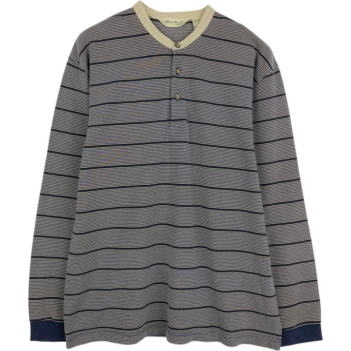 1990'S Eddie Bauer striped pattern henley neck long-sleeved T-shirt, men's size L equivalent, vintage. cotton navy blue type Vintage Second Hand