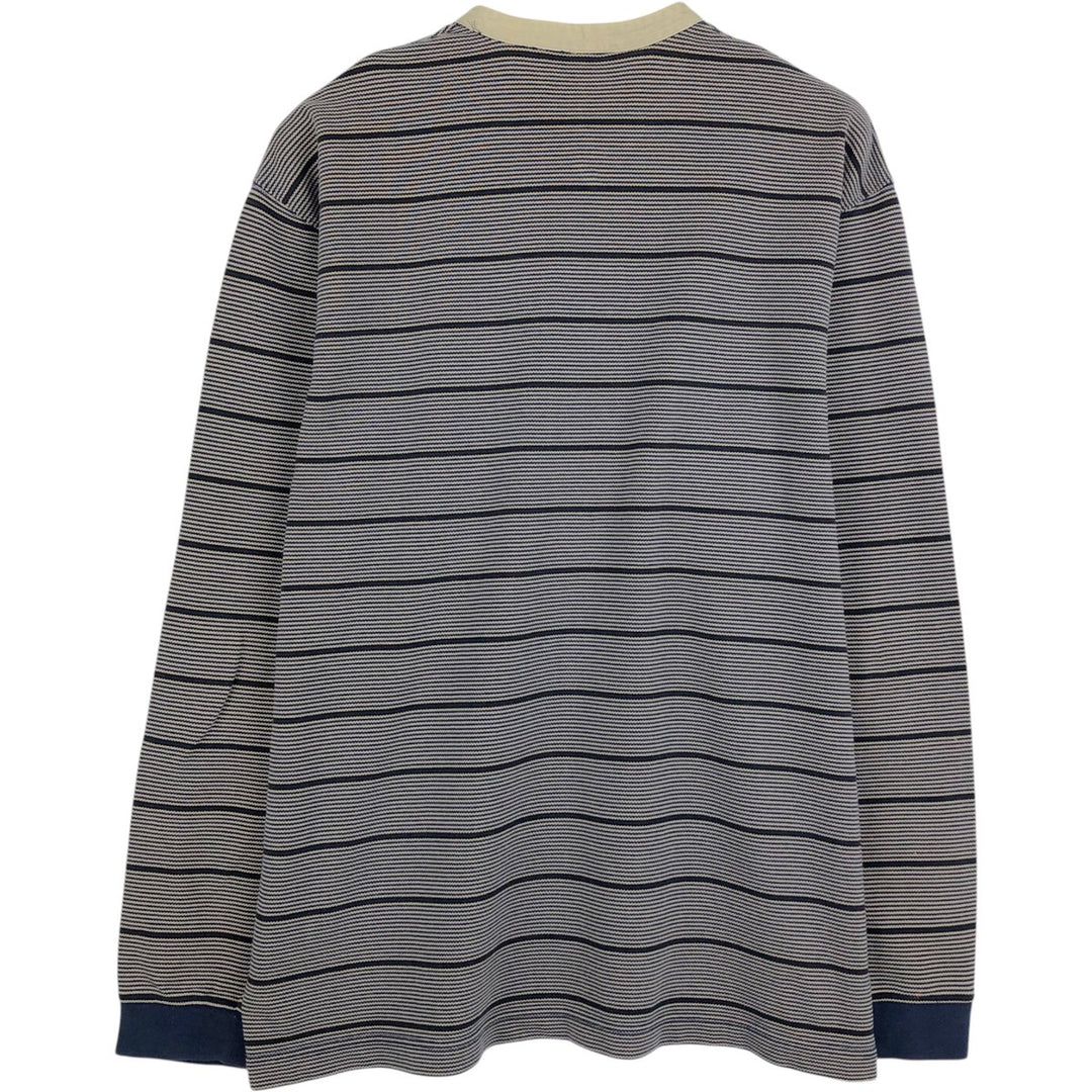 1990'S Eddie Bauer striped pattern henley neck long-sleeved T-shirt, men's size L equivalent, vintage. cotton navy blue type Vintage Second Hand