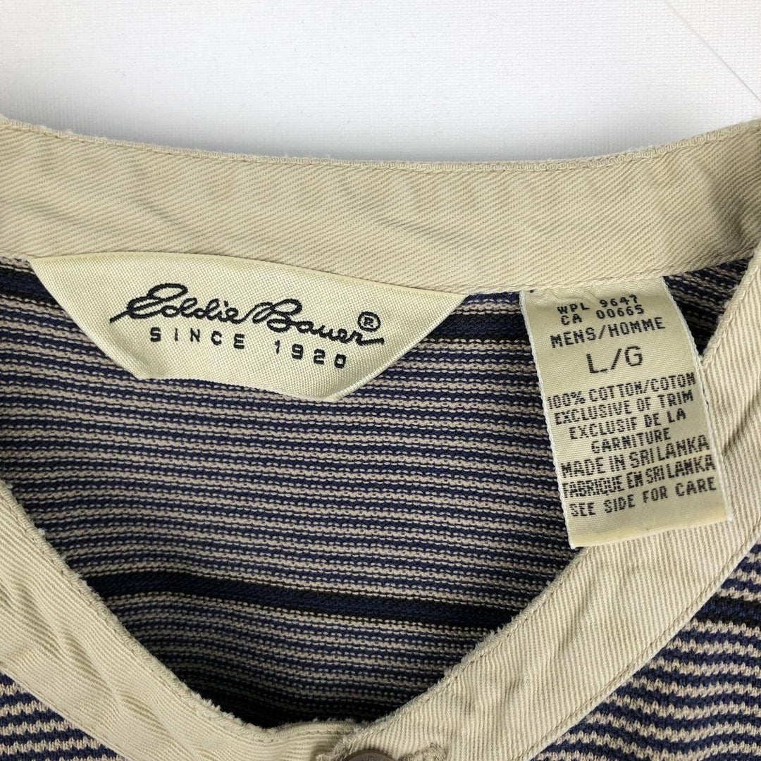 1990'S Eddie Bauer striped pattern henley neck long-sleeved T-shirt, men's size L equivalent, vintage. cotton navy blue type Vintage Second Hand