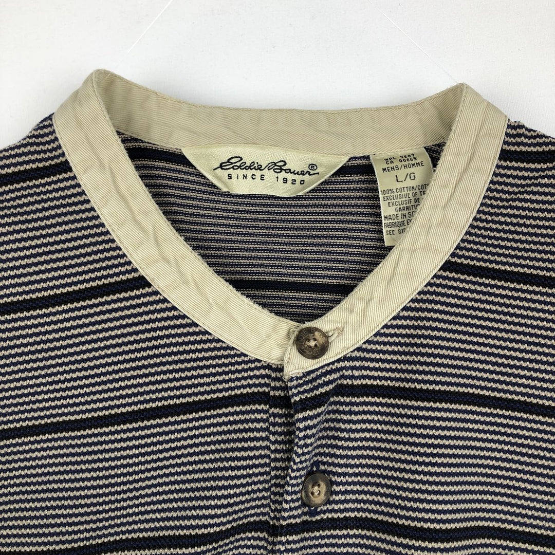 1990'S Eddie Bauer striped pattern henley neck long-sleeved T-shirt, men's size L equivalent, vintage. cotton navy blue type Vintage Second Hand