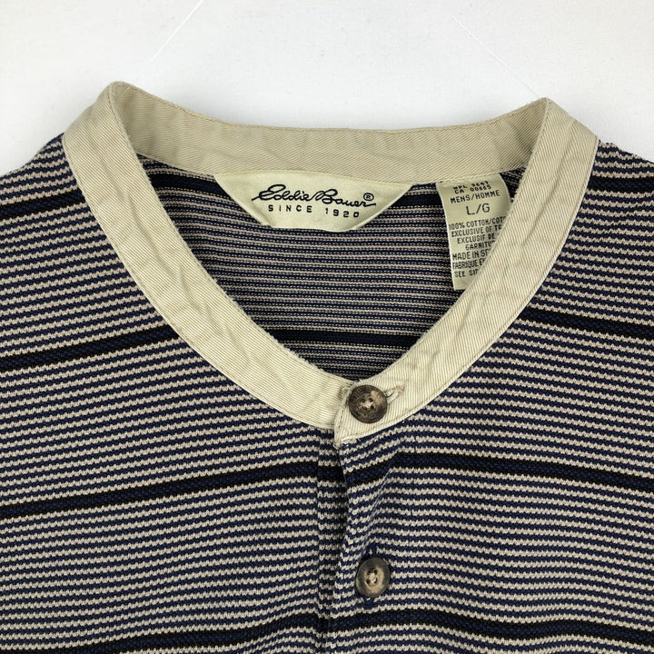 1990'S Eddie Bauer striped pattern henley neck long-sleeved T-shirt, men's size L equivalent, vintage. cotton navy blue type Vintage Second Hand