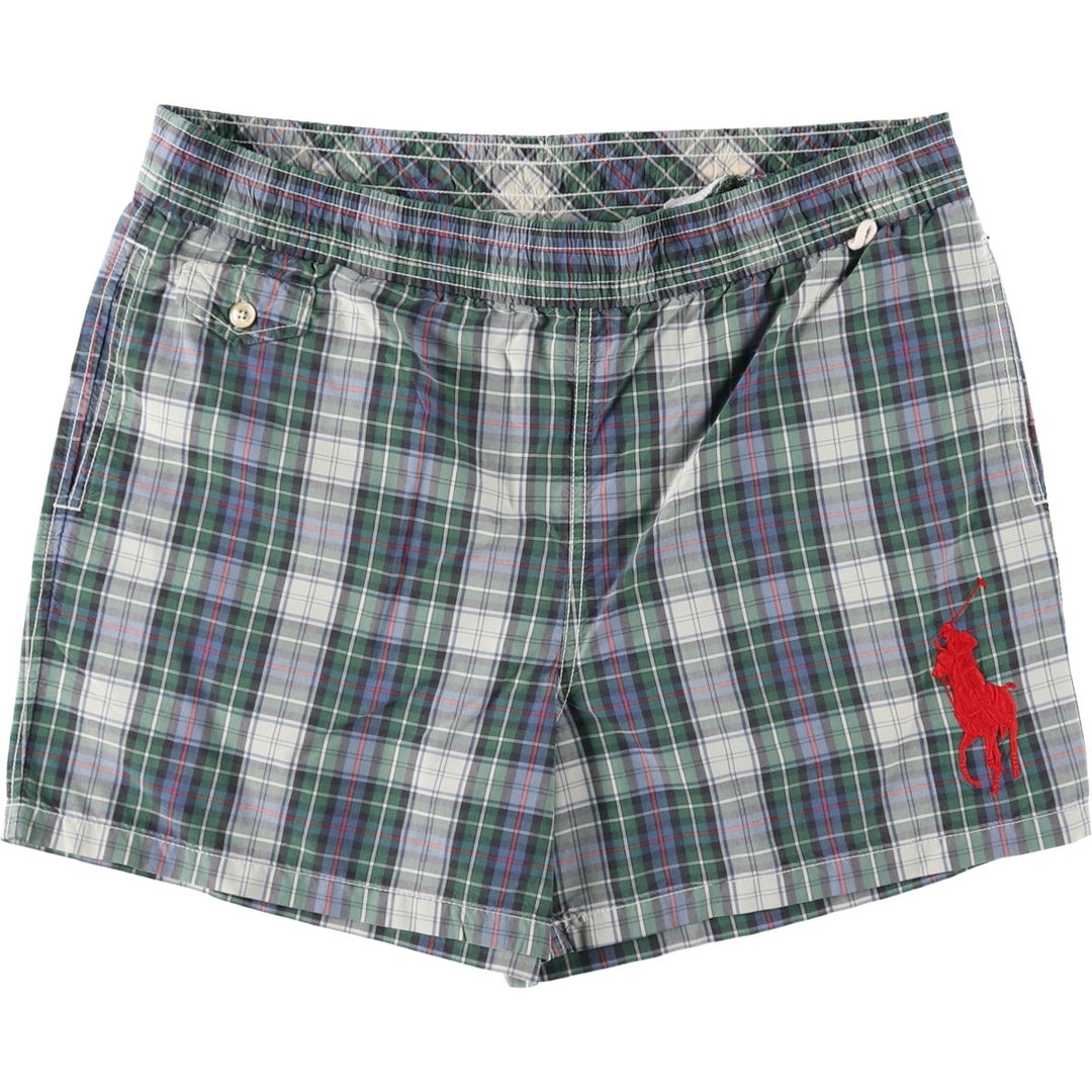 Ralph Lauren POLO by Ralph Lauren Check Pattern Big Pony Swim Shorts (Men's Size M) cotton green type Vintage Second Hand