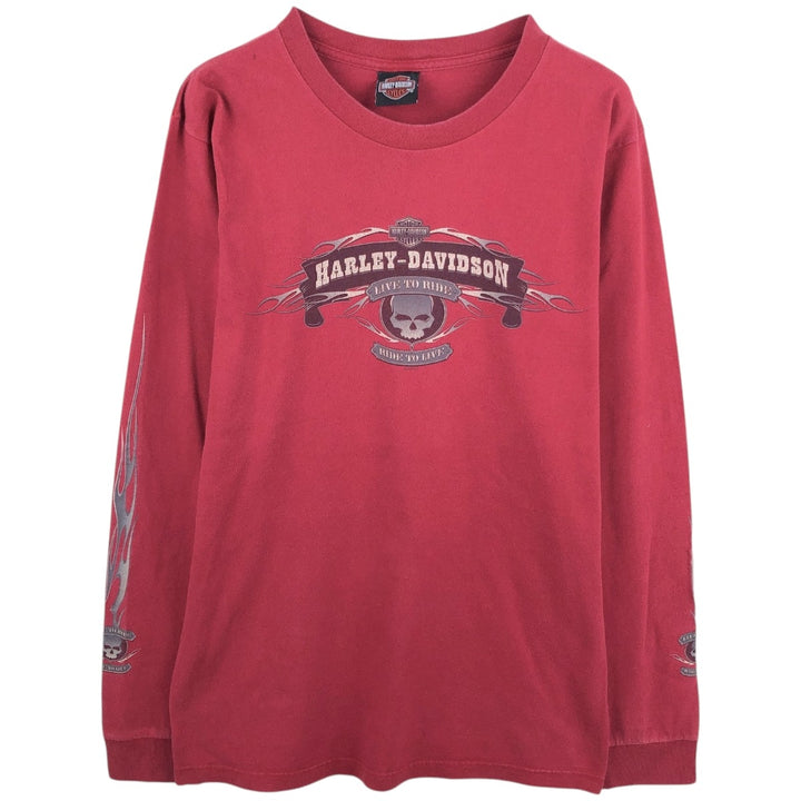 2000'S Harley-Davidson Skull Pattern Fire Pattern Tribal Motorcycle Long-Sleeve T-Shirt (Men's Size M) unclear red type Vintage Second Hand