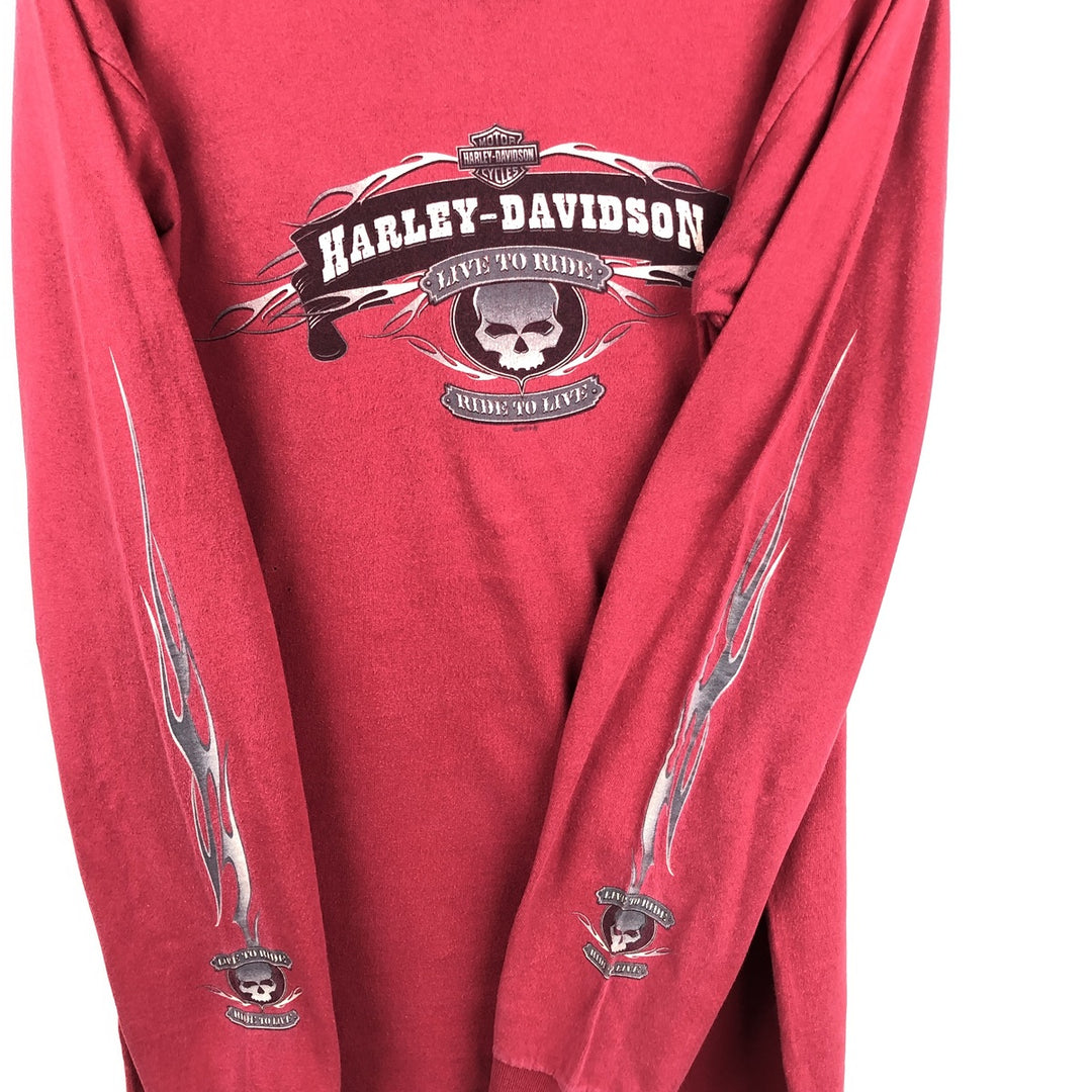 2000'S Harley-Davidson Skull Pattern Fire Pattern Tribal Motorcycle Long-Sleeve T-Shirt (Men's Size M) unclear red type Vintage Second Hand