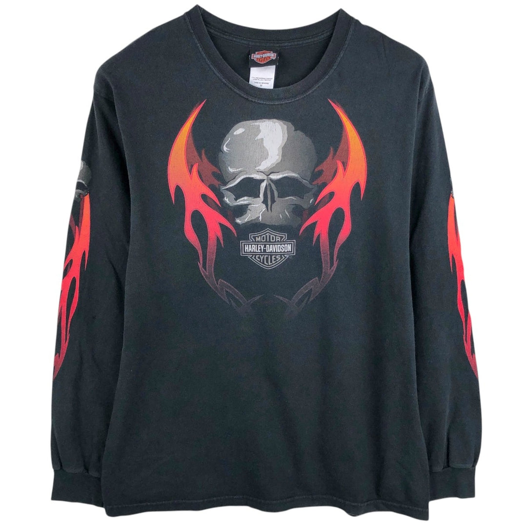2000'S Harley-Davidson Skull Pattern Fire Pattern Motorcycle Long-Sleeve T-Shirt, Made in USA, Men's Size M (approx.) cotton black type Vintage Second Hand