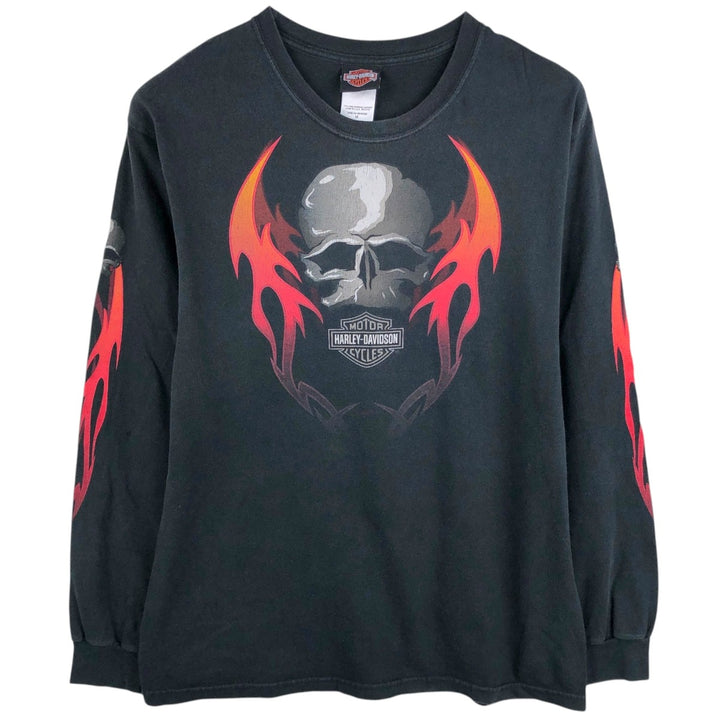 2000'S Harley-Davidson Skull Pattern Fire Pattern Motorcycle Long-Sleeve T-Shirt, Made in USA, Men's Size M (approx.) cotton black type Vintage Second Hand
