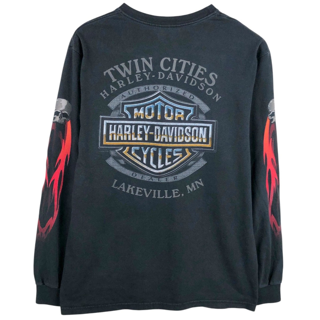 2000'S Harley-Davidson Skull Pattern Fire Pattern Motorcycle Long-Sleeve T-Shirt, Made in USA, Men's Size M (approx.) cotton black type Vintage Second Hand