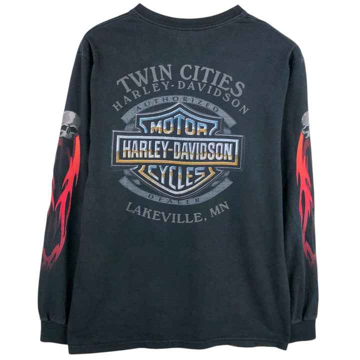 2000'S Harley-Davidson Skull Pattern Fire Pattern Motorcycle Long-Sleeve T-Shirt, Made in USA, Men's Size M (approx.) cotton black type Vintage Second Hand
