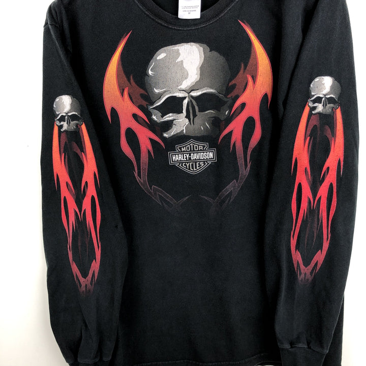 2000'S Harley-Davidson Skull Pattern Fire Pattern Motorcycle Long-Sleeve T-Shirt, Made in USA, Men's Size M (approx.) cotton black type Vintage Second Hand