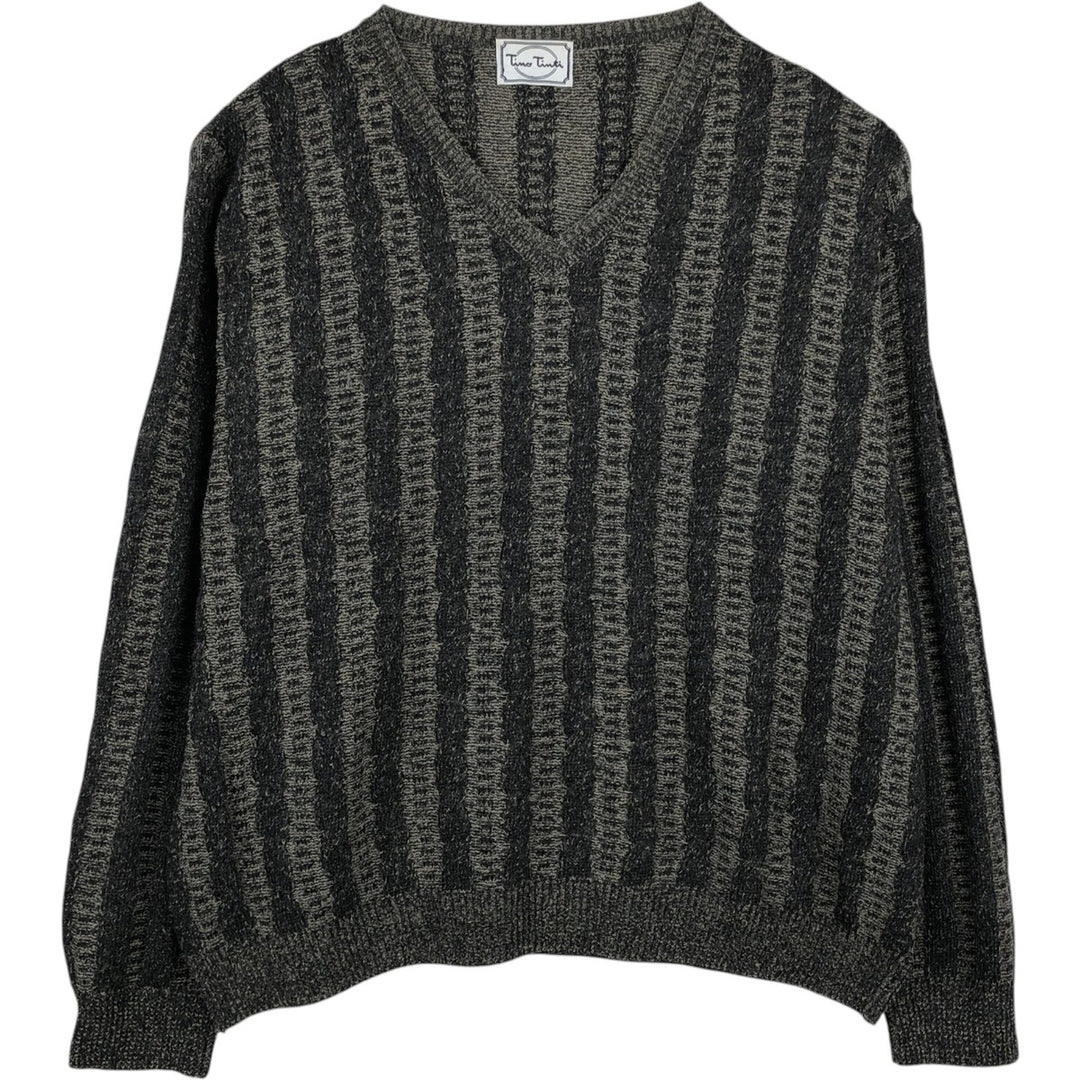 Big Size Tino Tinti Stripe Pattern Cable Knit V-Neck Sweater (Men's XXXL equivalent) unclear black type Vintage Second Hand