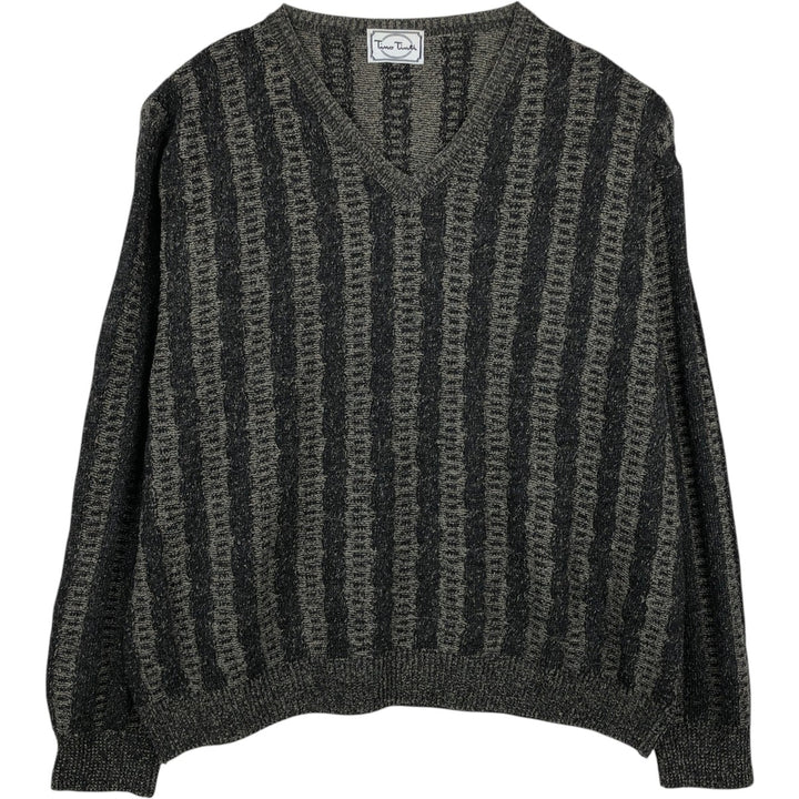 Big Size Tino Tinti Stripe Pattern Cable Knit V-Neck Sweater (Men's XXXL equivalent) unclear black type Vintage Second Hand