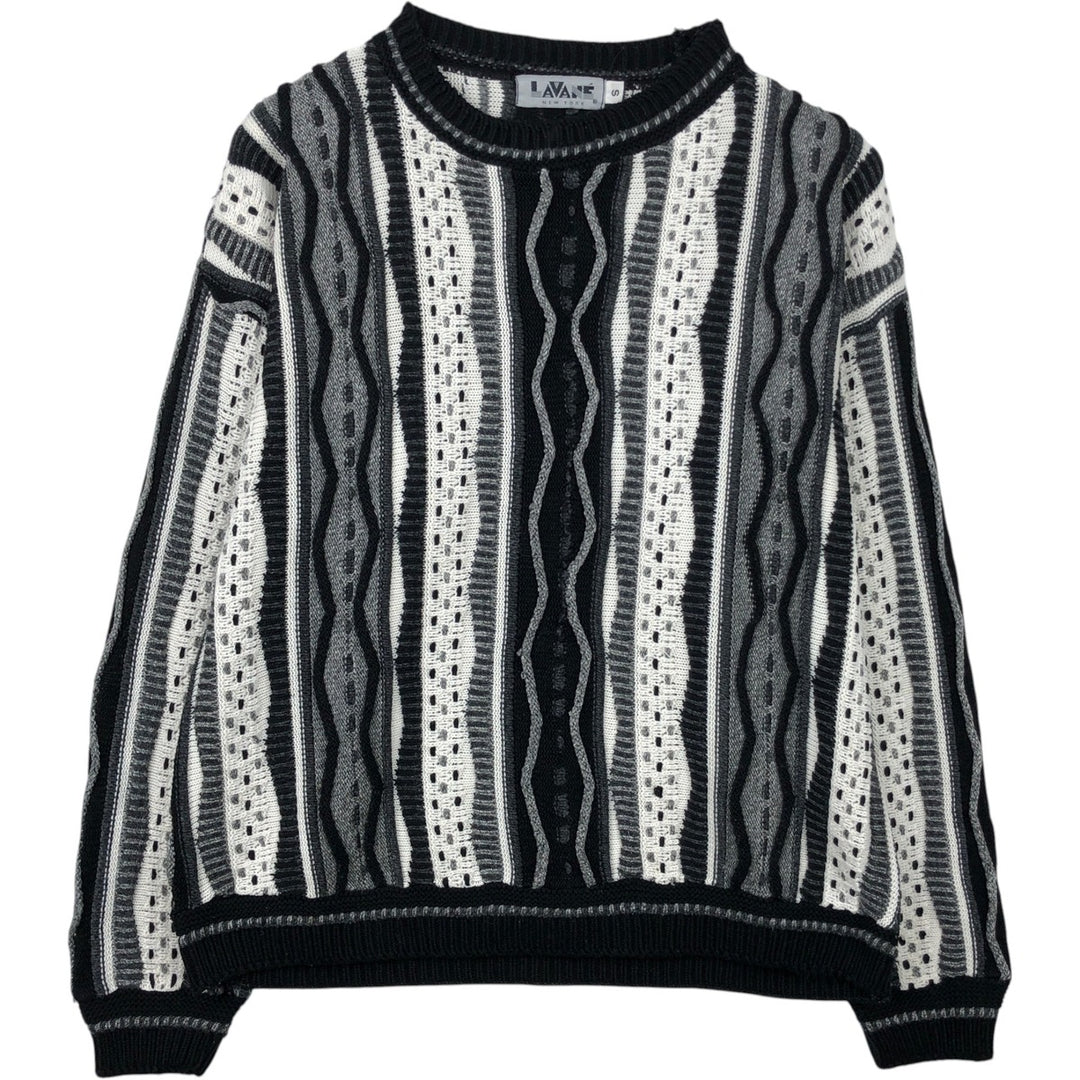 ~90'S LAVANE NEW YORK all-over print 3D knit sweater, made in USA, men's size S equivalent, vintage. acrylic white type Vintage Second Hand