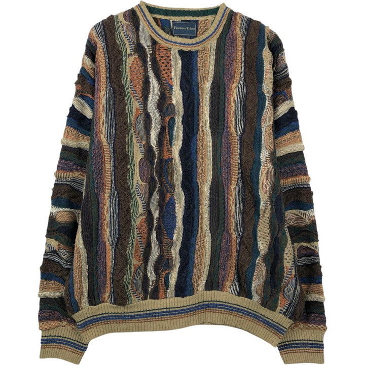Florence Tricot Cotton x Acrylic All-Over Print 3D Knit Sweater, Men's Size L (approx.) cotton Beige type Vintage Second Hand