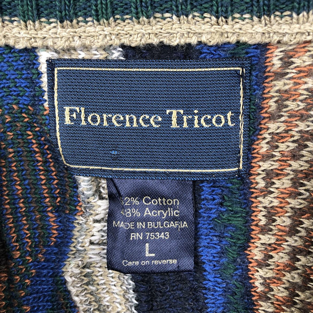 Florence Tricot Cotton x Acrylic All-Over Print 3D Knit Sweater, Men's Size L (approx.) cotton Beige type Vintage Second Hand