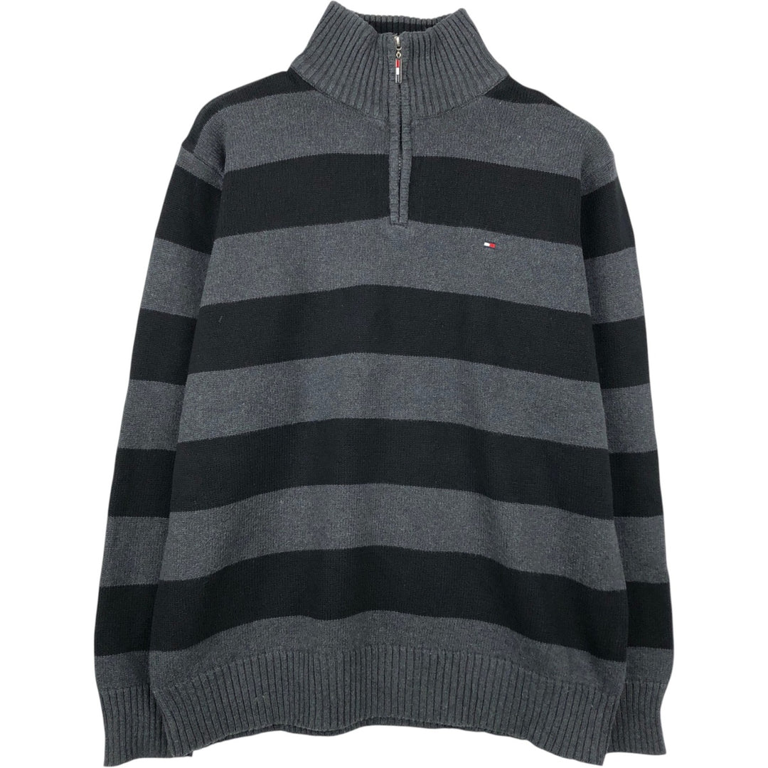 Tommy Hilfiger Striped Pattern Cotton Knit Half-Zip Sweater, Men's Size XL cotton black type Vintage Second Hand