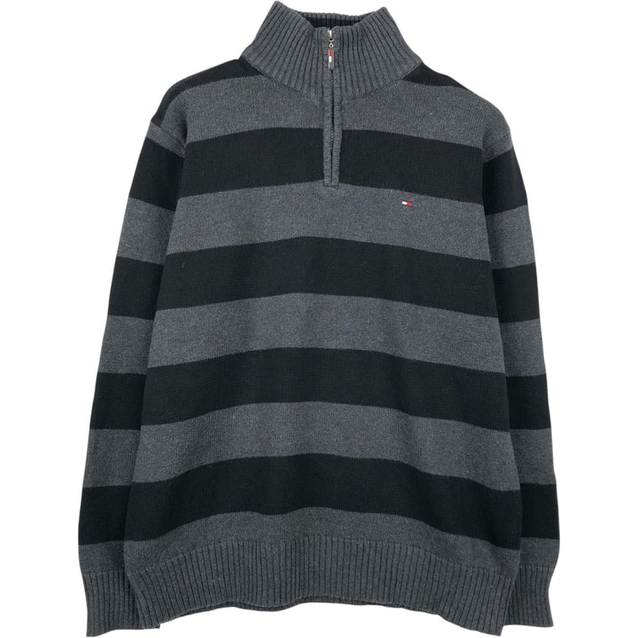 Tommy Hilfiger Striped Pattern Cotton Knit Half-Zip Sweater, Men's Size XL cotton black type Vintage Second Hand