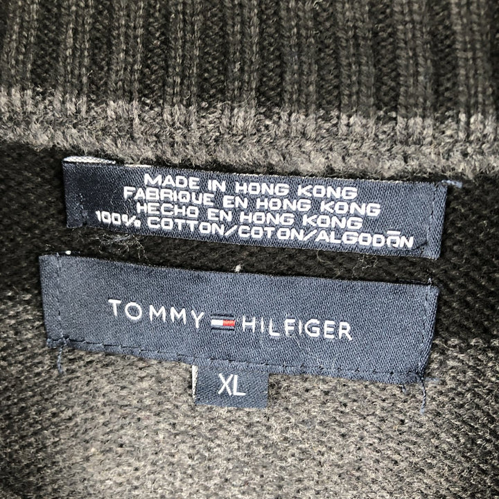Tommy Hilfiger Striped Pattern Cotton Knit Half-Zip Sweater, Men's Size XL cotton black type Vintage Second Hand