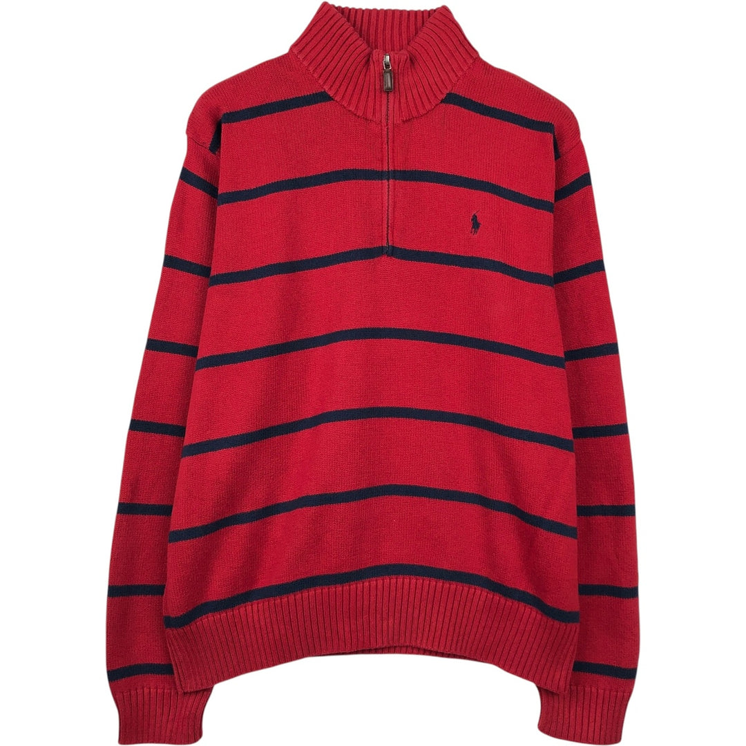 Ralph Lauren POLO by Ralph Lauren Striped Pattern Cotton Knit Half-Zip Sweater, Men's Size XL (approx.) cotton red type Vintage Second Hand