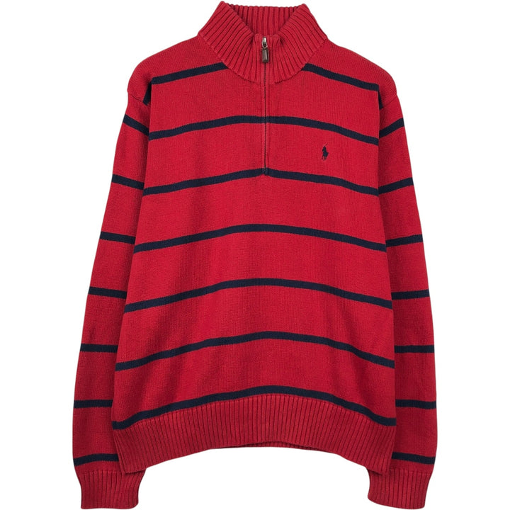 Ralph Lauren POLO by Ralph Lauren Striped Pattern Cotton Knit Half-Zip Sweater, Men's Size XL (approx.) cotton red type Vintage Second Hand