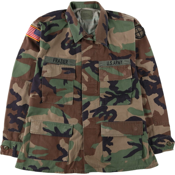 1990'S US Military Issue Camouflage Pattern Woodland Camo Stars and Stripes BDU Military Jacket Made in USA MEDIUM-X-SHORT (Men's M equivalent) Nylon Khaki type Vintage Second Hand