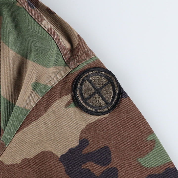 1990'S US Military Issue Camouflage Pattern Woodland Camo Stars and Stripes BDU Military Jacket Made in USA MEDIUM-X-SHORT (Men's M equivalent) Nylon Khaki type Vintage Second Hand