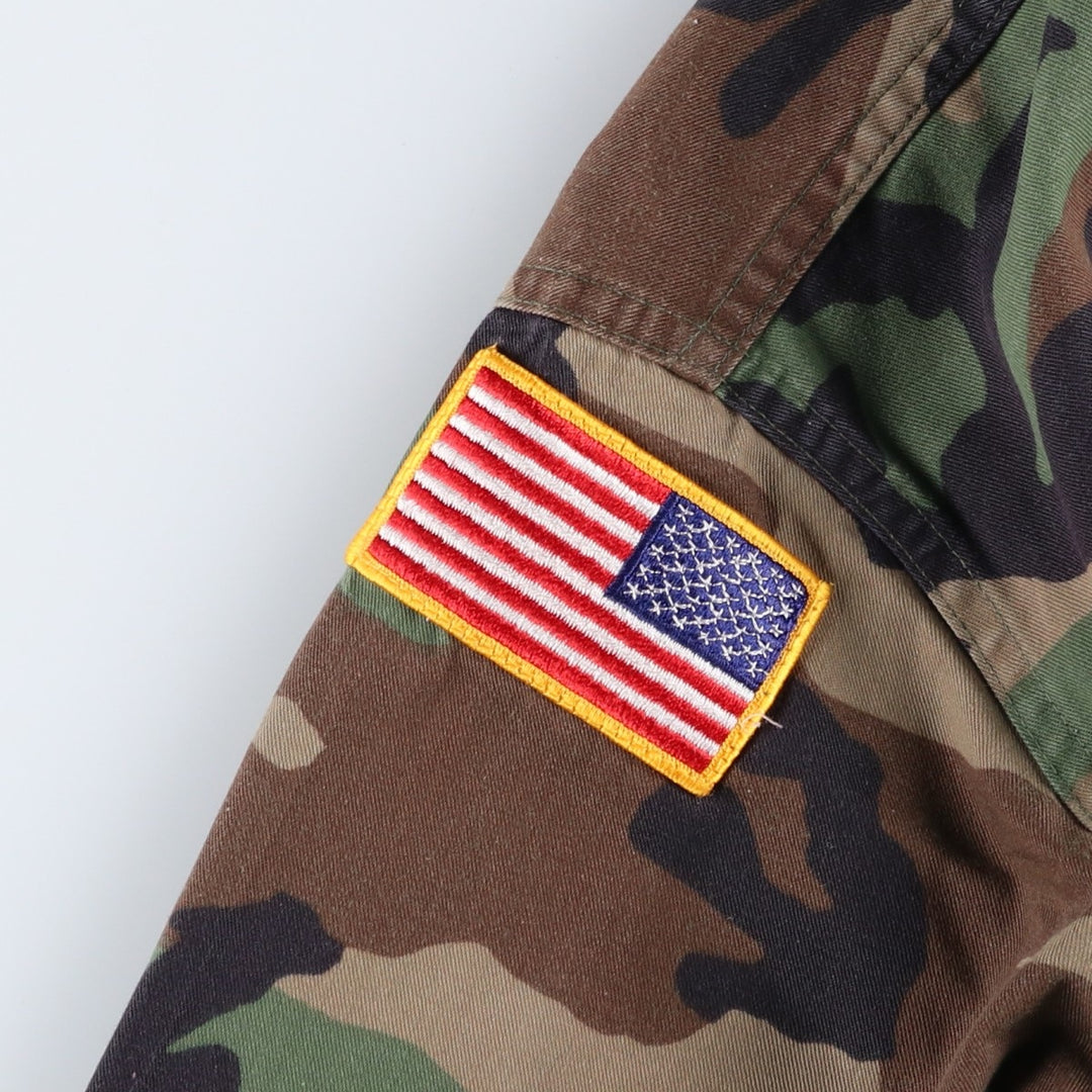 1990'S US Military Issue Camouflage Pattern Woodland Camo Stars and Stripes BDU Military Jacket Made in USA MEDIUM-X-SHORT (Men's M equivalent) Nylon Khaki type Vintage Second Hand