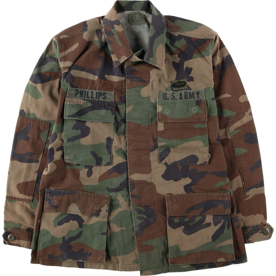 1990'S US Military Issue Camouflage Pattern Woodland Camo BDU Military Jacket, Made in USA, Small-Short (Men's Size S Equivalent), Vintage cotton Khaki type Vintage Second Hand