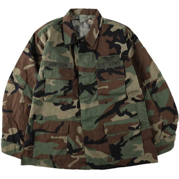 1990'S US Army Camouflage Pattern Woodland Camo Military Combat Jacket, Made in USA, Large-Regular (Men's Size L equivalent) Nylon Khaki type Vintage Second Hand