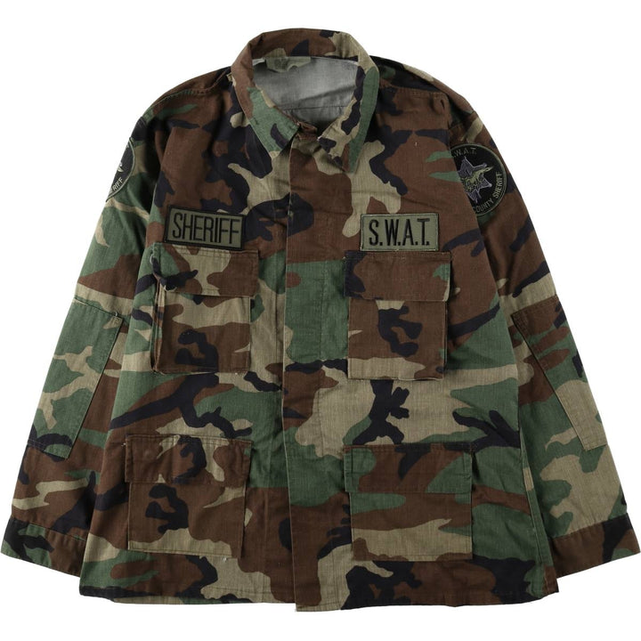 Civilian-made camouflage pattern woodland camo military combat jacket, made in the USA, large size (equivalent to men's L). cotton Khaki type Vintage Second Hand