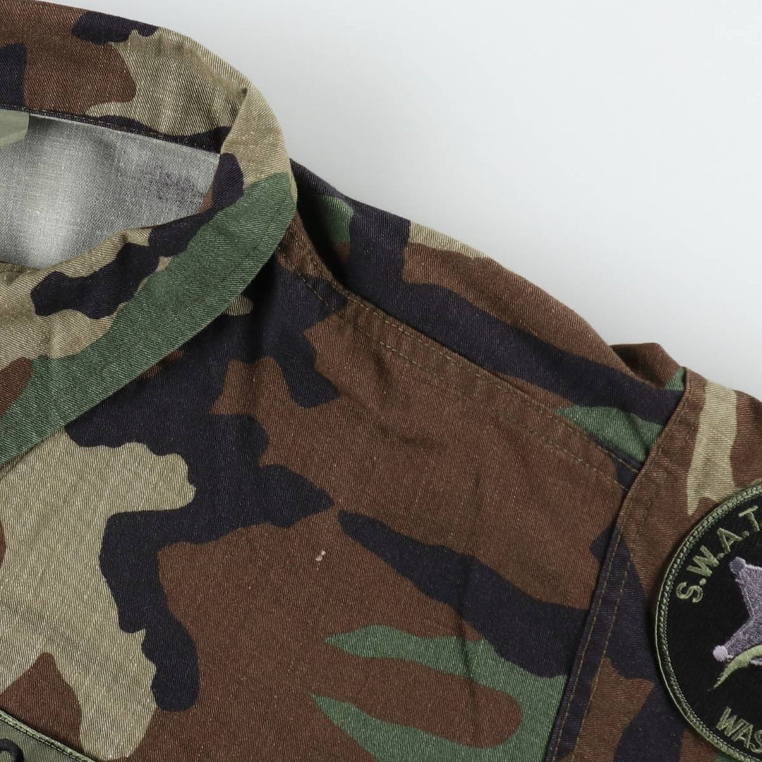 Civilian-made camouflage pattern woodland camo military combat jacket, made in the USA, large size (equivalent to men's L). cotton Khaki type Vintage Second Hand