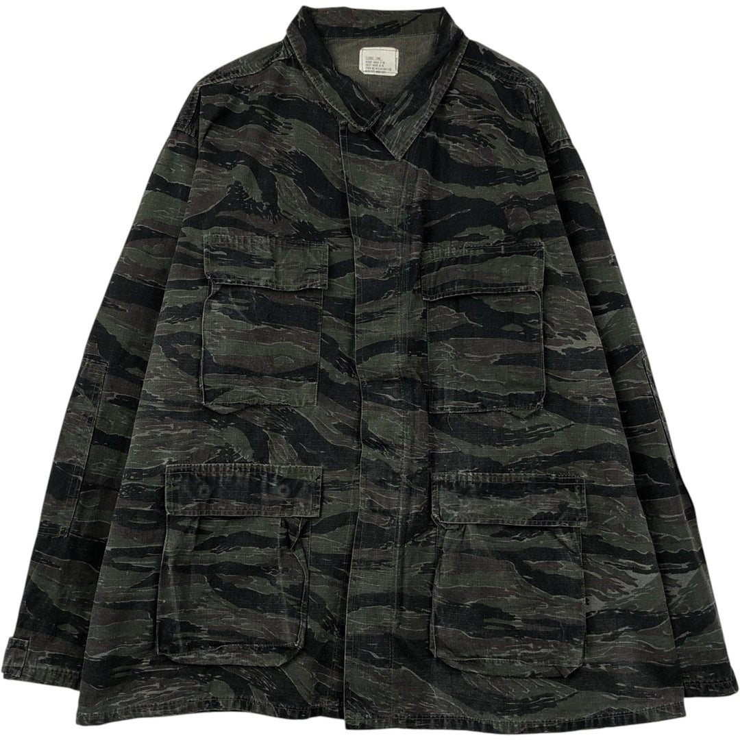 Civilian-made ATLANCO camouflage pattern tiger stripe camo ripstop BDU military jacket, made in USA, men's size XL equivalent. cotton Khaki type Vintage Second Hand