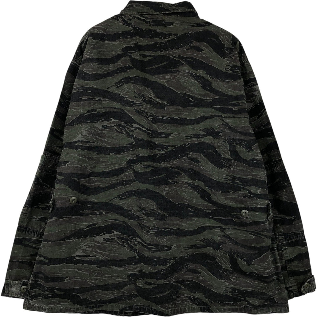 Civilian-made ATLANCO camouflage pattern tiger stripe camo ripstop BDU military jacket, made in USA, men's size XL equivalent. cotton Khaki type Vintage Second Hand