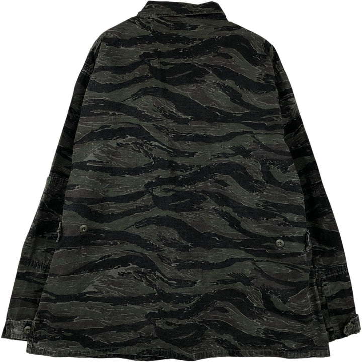 Civilian-made ATLANCO camouflage pattern tiger stripe camo ripstop BDU military jacket, made in USA, men's size XL equivalent. cotton Khaki type Vintage Second Hand