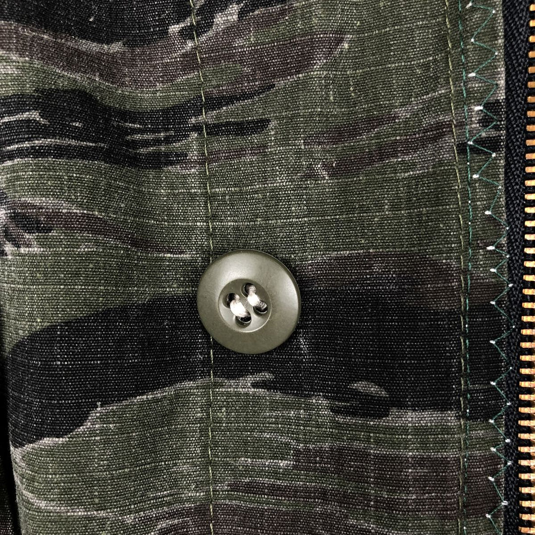 Civilian-made ATLANCO camouflage pattern tiger stripe camo ripstop BDU military jacket, made in USA, men's size XL equivalent. cotton Khaki type Vintage Second Hand