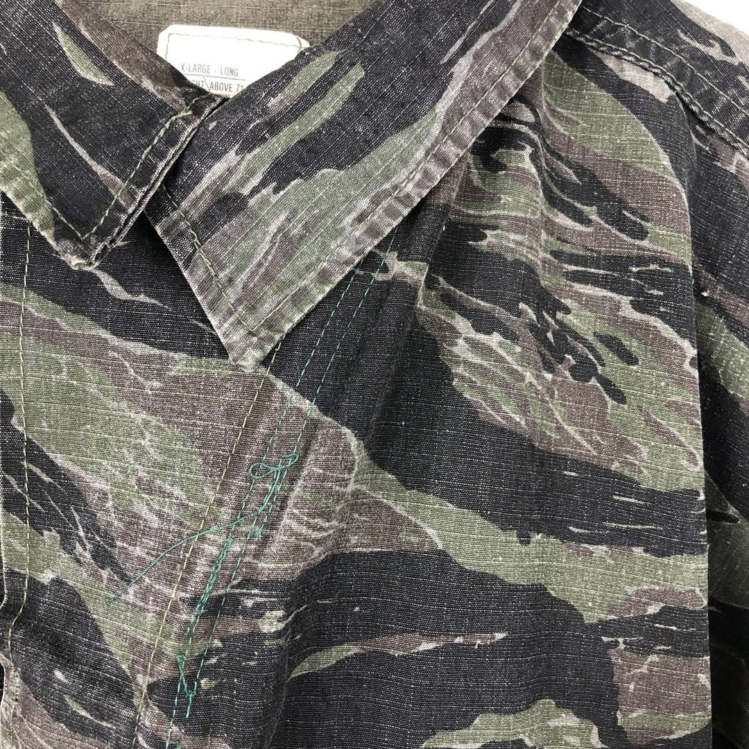 Civilian-made ATLANCO camouflage pattern tiger stripe camo ripstop BDU military jacket, made in USA, men's size XL equivalent. cotton Khaki type Vintage Second Hand