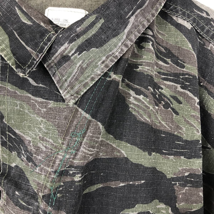Civilian-made ATLANCO camouflage pattern tiger stripe camo ripstop BDU military jacket, made in USA, men's size XL equivalent. cotton Khaki type Vintage Second Hand