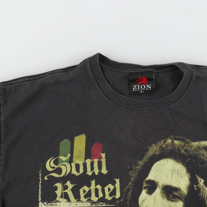 00'S Zion BOB MARLEY Band T-shirt, USA made, Men's L size cotton black type Vintage Second Hand