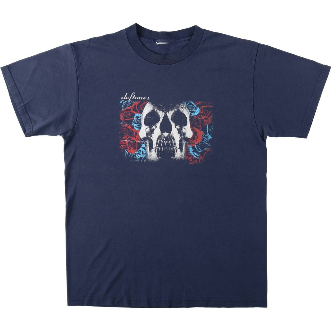 DEFTONES Skull Pattern Floral Band T-Shirt (Men's XL equivalent) unclear navy blue type Vintage Second Hand