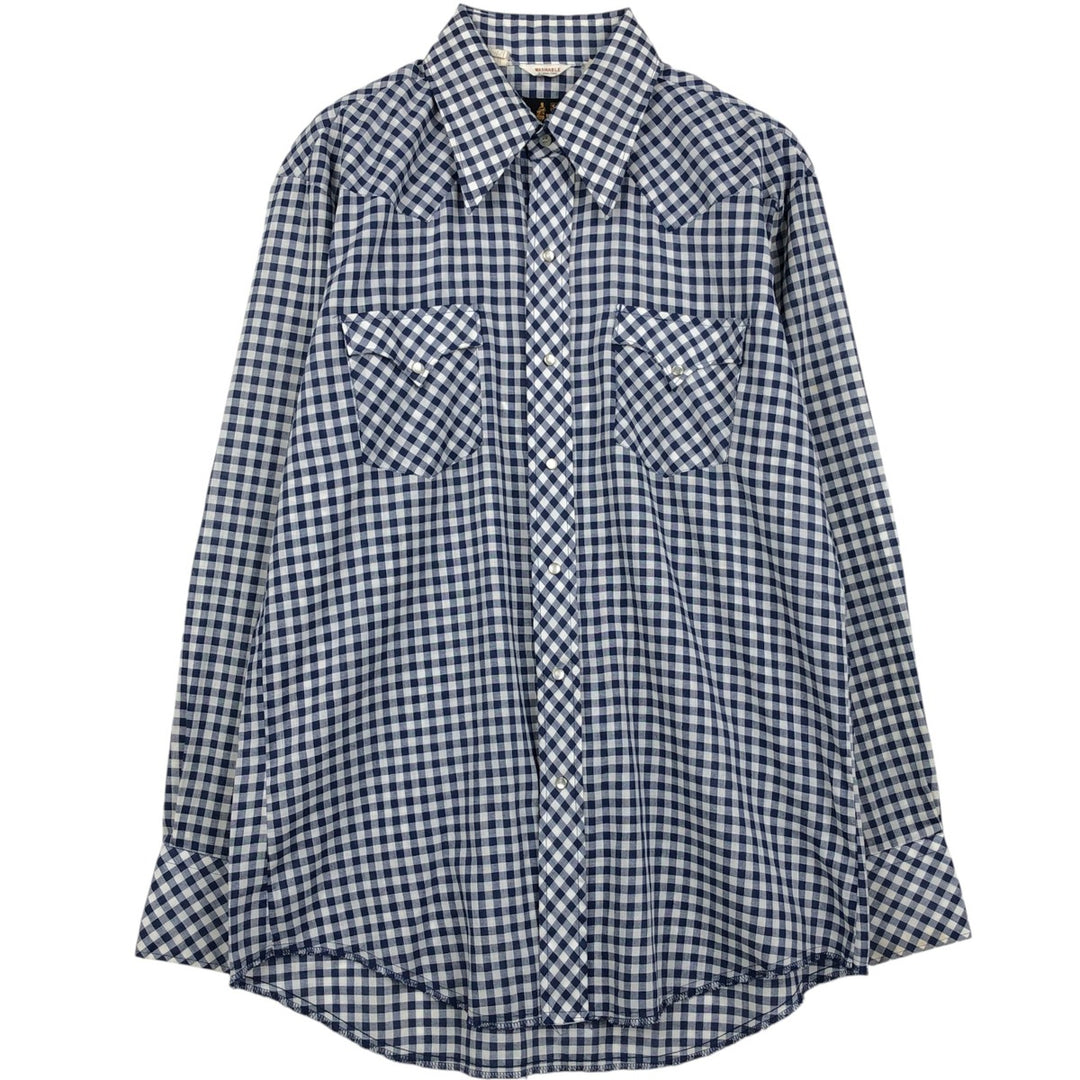 1970'S Sears Western Wear Gingham Check Long-Sleeve Western Shirt, Men's Size L (approx.), Vintage polyester navy blue type Vintage Second Hand