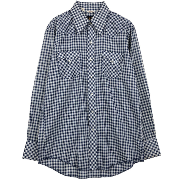 1970'S Sears Western Wear Gingham Check Long-Sleeve Western Shirt, Men's Size L (approx.), Vintage polyester navy blue type Vintage Second Hand
