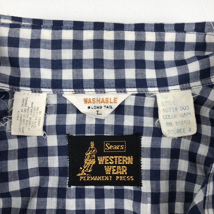 1970'S Sears Western Wear Gingham Check Long-Sleeve Western Shirt, Men's Size L (approx.), Vintage polyester navy blue type Vintage Second Hand
